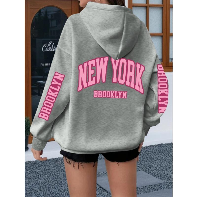 New York Lettering Print Hoodie, Casual Drawstring Hooded Long-sleeve Kangaroo Pocket Sweatshirt