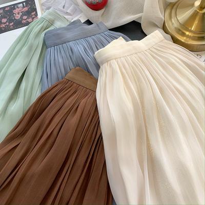 DX~~ High-end European Streamer Gauze Skirt Women, Spring Milk Pearlescent Skirt Temperament Willow Wrinkled Summer Mesh Skirt