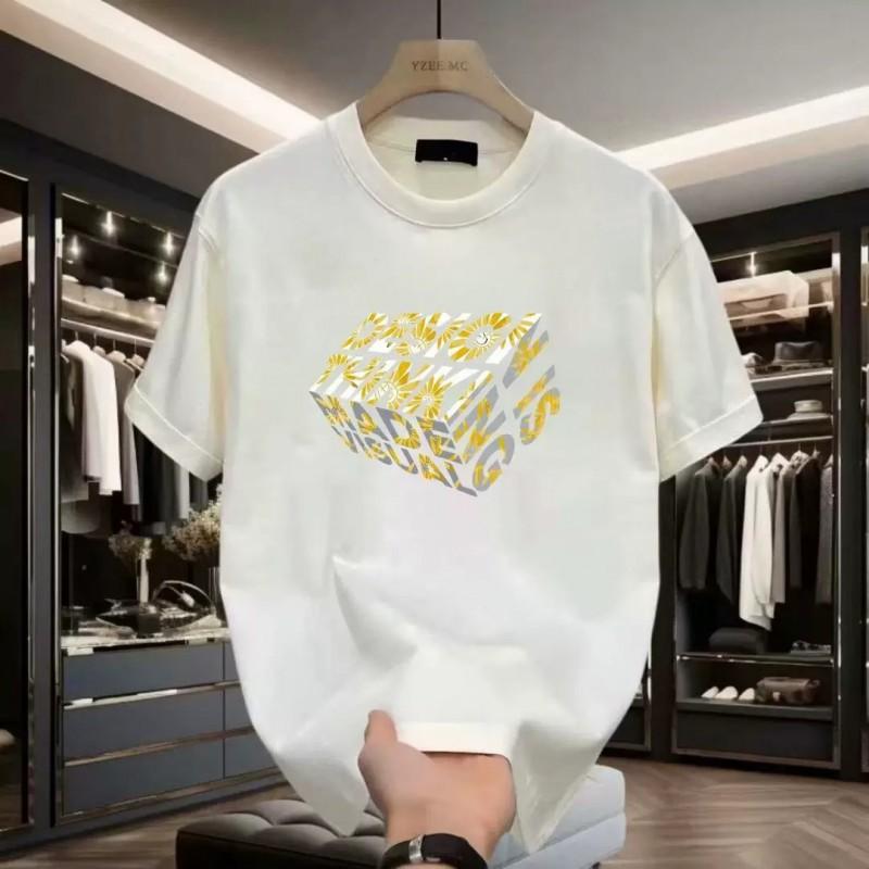 Mens Loose Fit Cotton T-Shirt With Geometric Print Casual Short Sleeve Top Youth Fashion