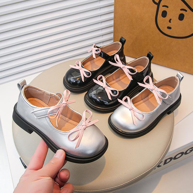 Spring Girl's Mary Janes Sliver Black Bowknot Elegant Kids Leather Shoes Chunky Round Toe Beautiful Chic Children Flat Shoe26-36