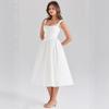 Women's Square Neck Sleeveless Midi Dress Flared Fit Adjustable Waist Pure White Corset Spaghetti Strap Back Tie Casual Party Dress