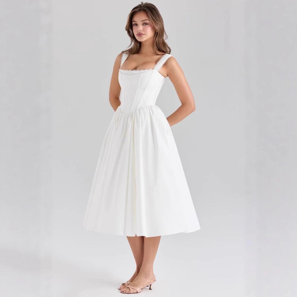 Women's Square Neck Sleeveless Midi Dress Flared Fit Adjustable Waist Pure White Corset Spaghetti Strap Back Tie Casual Party Dress