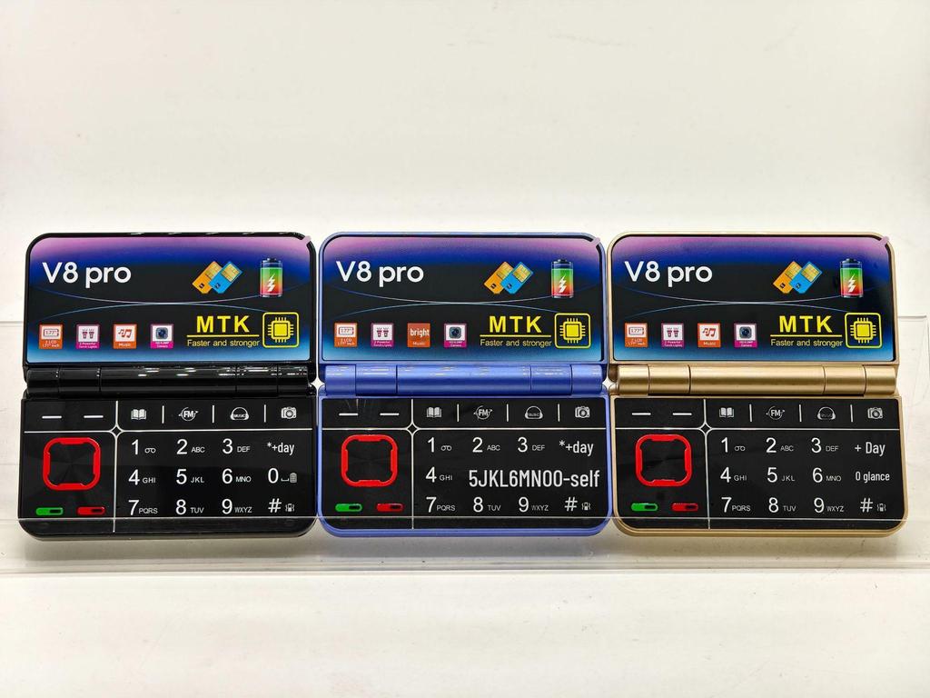 V8Pro Dual-Screen Flip Phone: Elderly-Friendly 2G Model with Large Buttons and Multi-Language Support