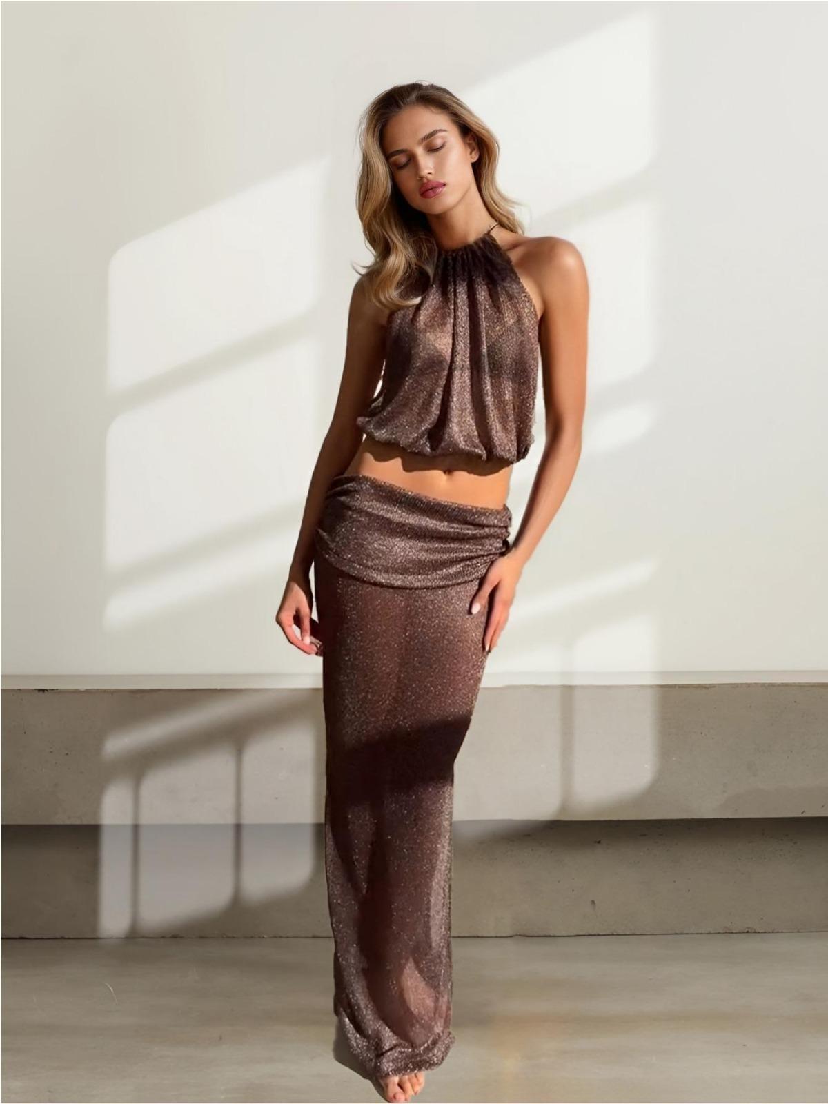 

Sexy Knit Sets See-through Backless Lace-up Top Beach Half Skirt Two-piece Swimsuit Cover Up 2025 Summer Women Party Outfit K167 L мигдалевий