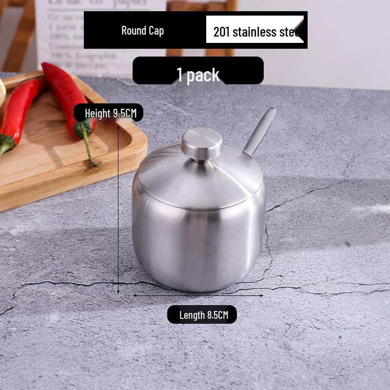 Gold Korean-Style Seasoning Jars, 201 Stainless Steel with Glass Lids On Tray, for Restaurant Use.