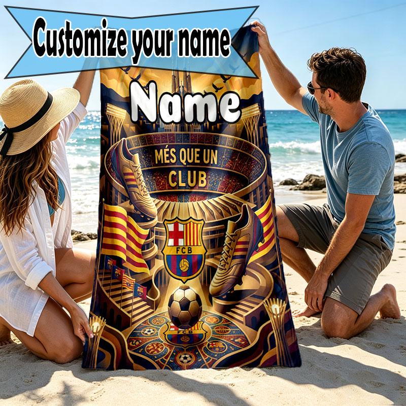 Custom Name Personalized Barcelona FC Soccer Print Beach Towel, for Trip Camping Beach Party Home Decor, Birthday Gift for Family & Friends