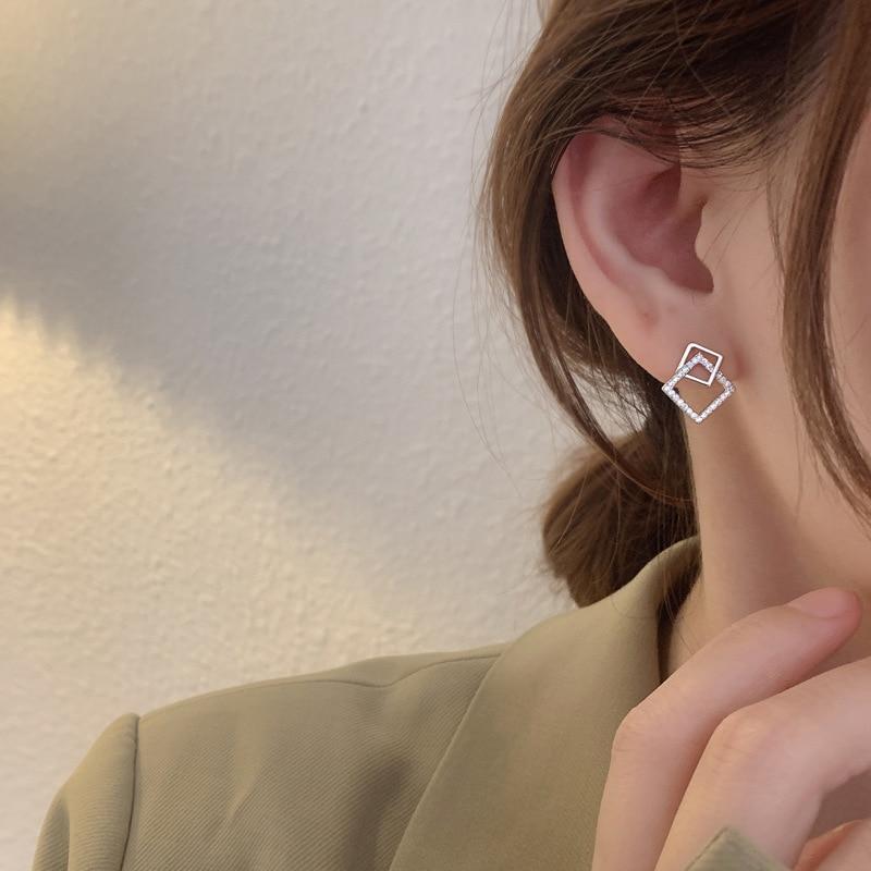 925 Sterling Silver Cubic Zircon Square Bead Charm Stud Earrings For Women Girls Lady Pendientes Jewelley Eh1338