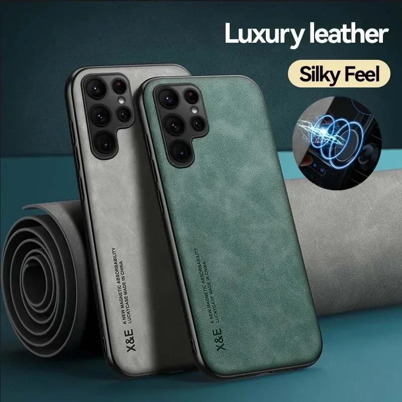 Luxury Leather Case For Samsung S25 S24 S23 Ultra FE A56 A55 A36 A35 A26 A15 A16 5G Cover With Metal Plate Support Car Hold
