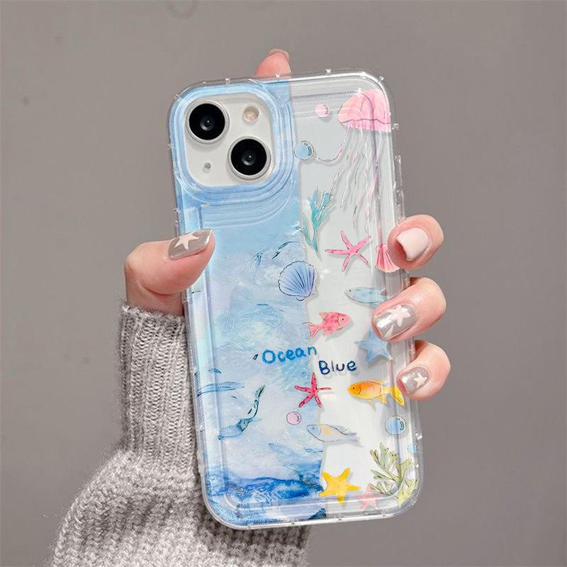 Ocean small fish jellyfish suitable for iPhone17ProMax drop mobile phone case 16Pro Apple 14 all-inclusive 13 popular