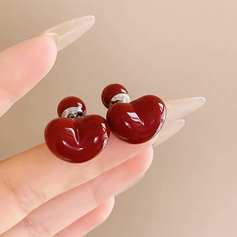 Versatile Retro Red Heart Angora Multi-Wear Earrings - High-End Fashion Studs for Sweet Commuting