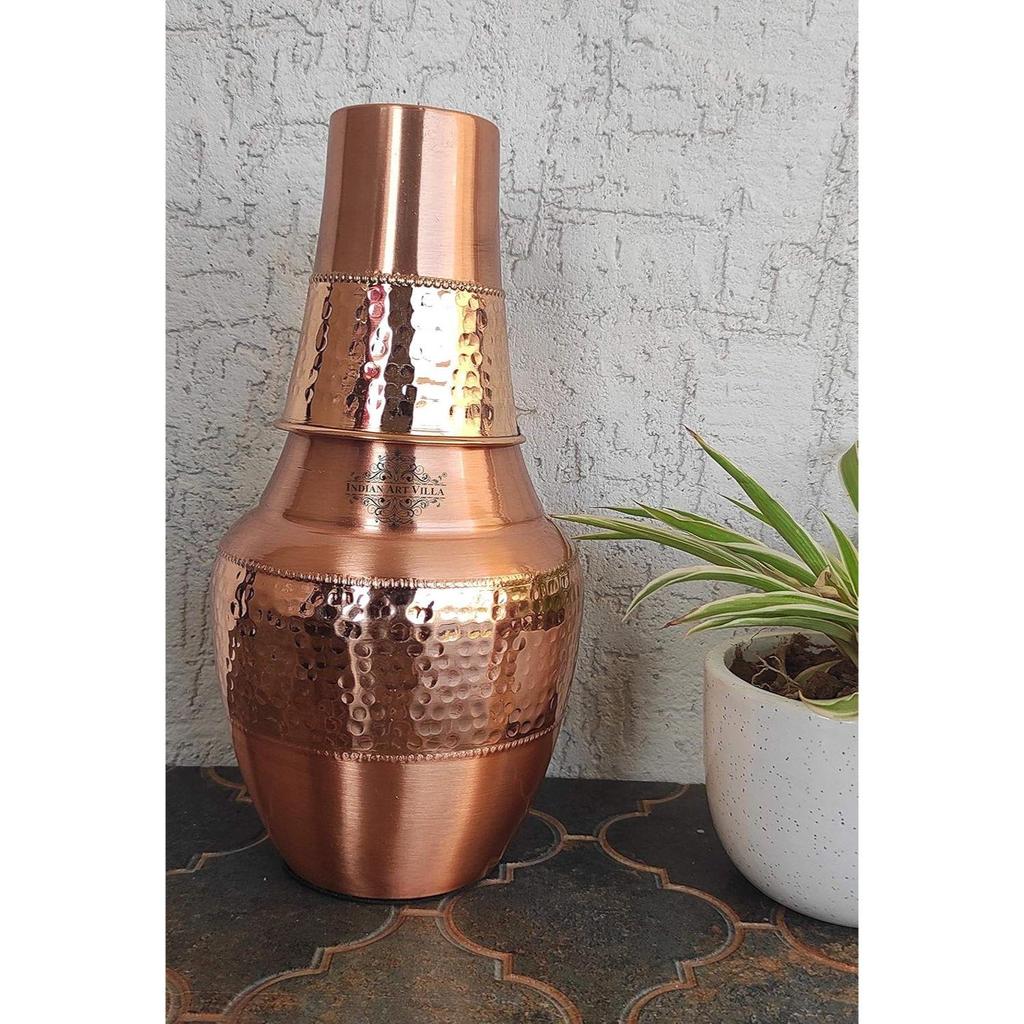 Pure Copper Printed with Health Benefits, Inbuilt Glass, Bedroom Water Bottle for Storage Purpose (Half Hammered Surahi Shape, 1300 ml) Set of 1