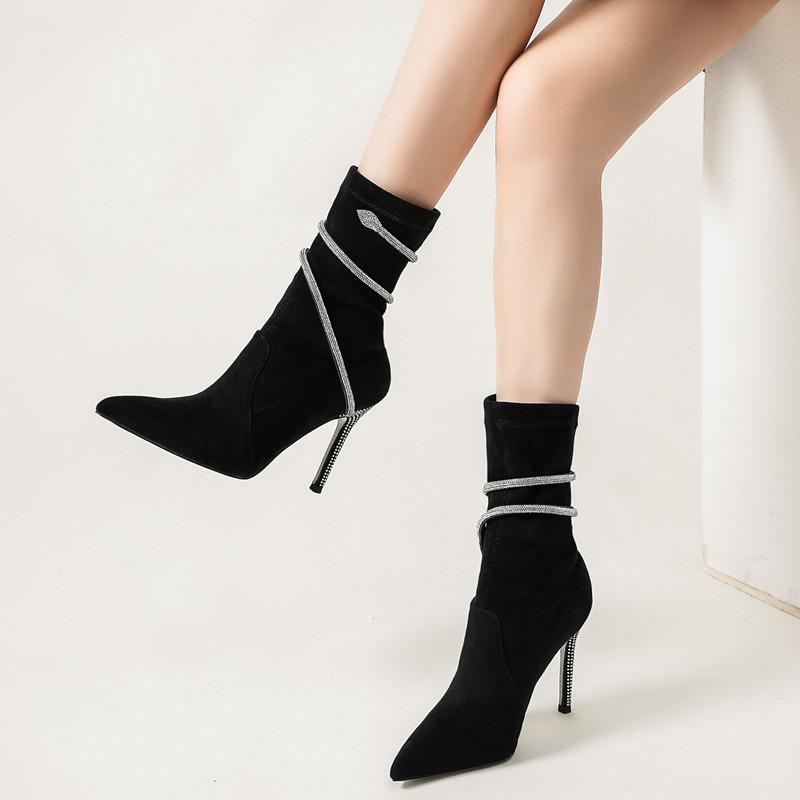 Autumn Winter Faux Suede Snake Coiled Women Boots Luxury Crystal Stiletto High heels Ankle Boots Shoes Botas Mujer