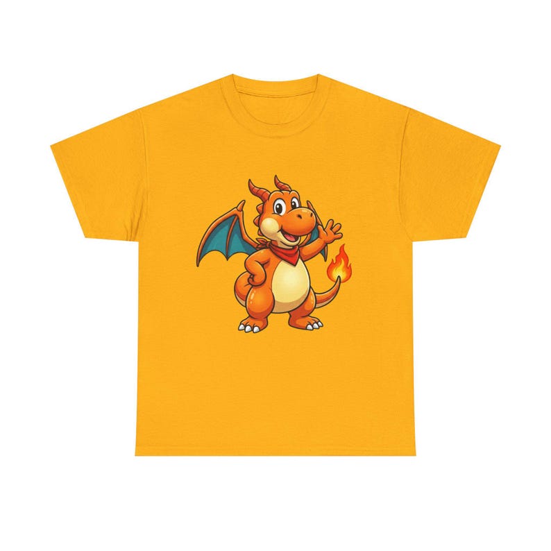 Cute Orange Yoshi-zard Dragon Tee | Cartoon Fire-Breathing Character, Kids Fantasy Shirt 140