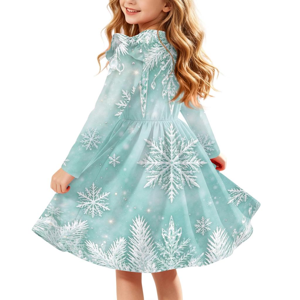 Girls' Christmas Print Long Sleeve Dress with Sleeves for Holiday Party