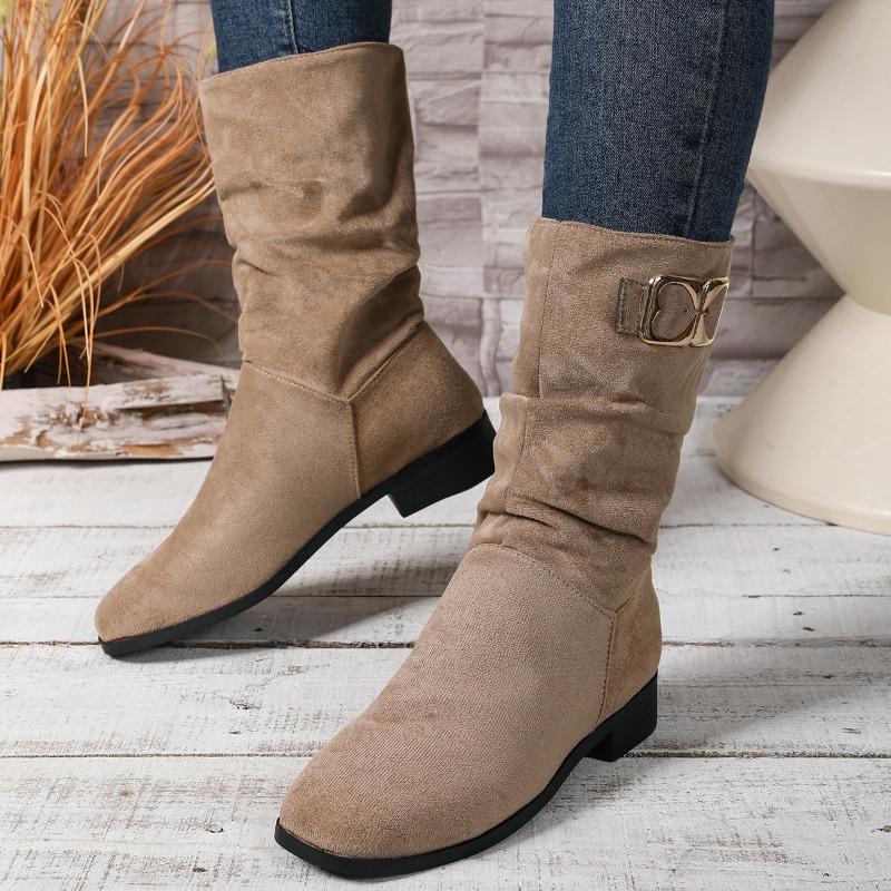 Versatile Metal Buckle Mid-Tube Boots Autumn Fashion Round Head Cow Suede Sleeve Soft Slip Single Boots