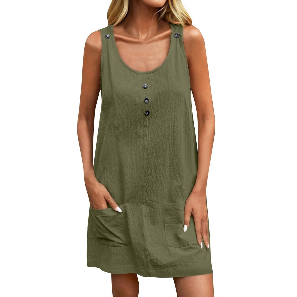 Women's Color Round Neck Fashionable Short Skirt Pocket Casual Dress