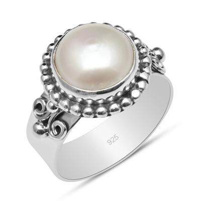 10X10 MM Round Shape Pearl 925 Sterling Silver Wide Shank Beaded Ring For Women & Girls