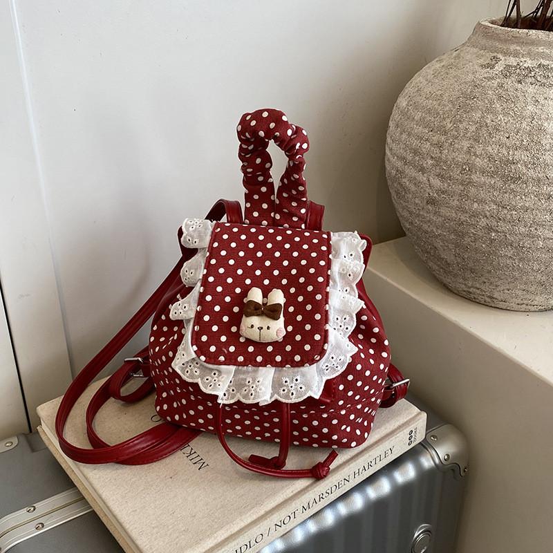Pu Dot Pattern Mini Backpack For Women With Lace Detail For Daily Use