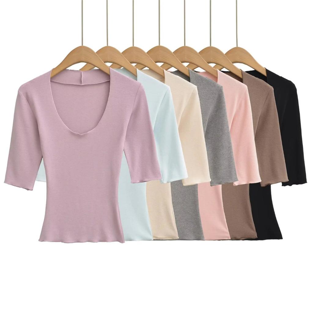 Women's Scoop Neck 3/4 Sleeve Slim Fit T Shirt Solid Color Basic Crop Top Casual Tee