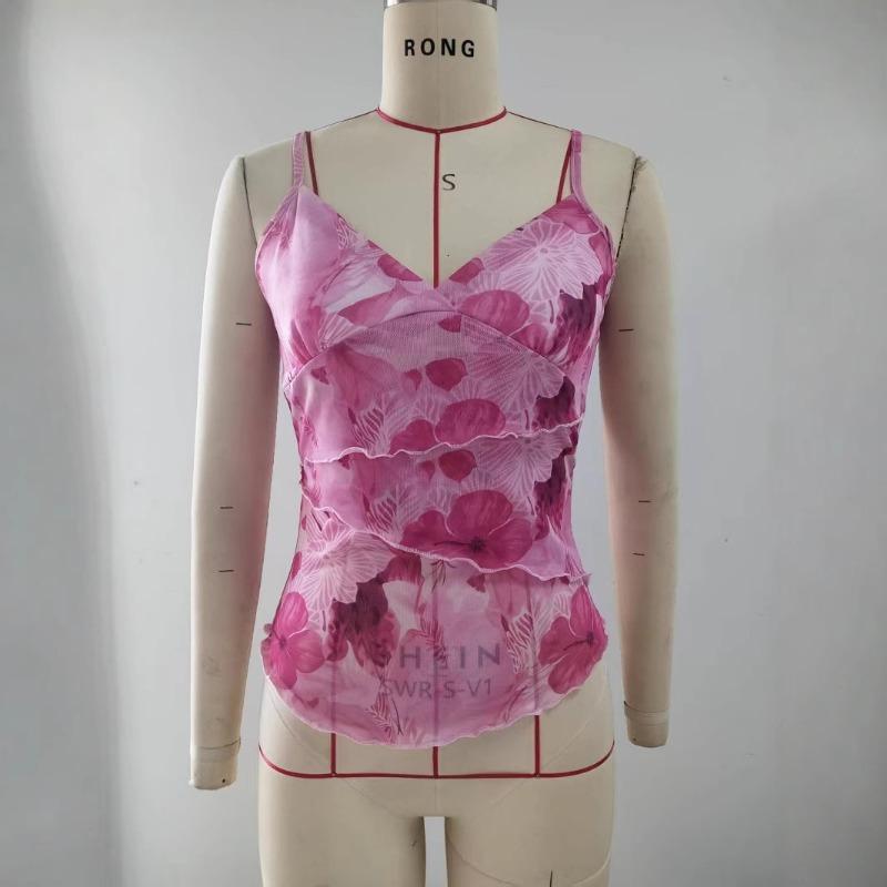 Women's New Printed Camisole Lace Waist Cinching Tank Top