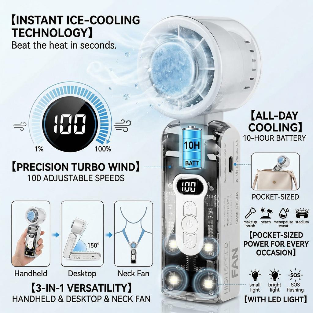 Portable Mini Handheld Fan USB Rechargeable High Speed Folding Cooling Fan with Digital Display & LED Light