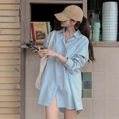 Camisa Azul Top para Mujer Diseño de Otoño Estilo Lazy Nicho Suelto Largo Medio Versátil Camisa de Manga Larga