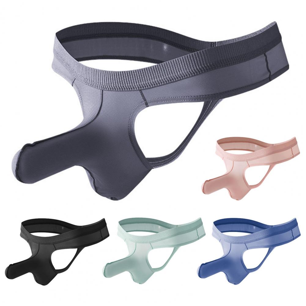 Men Thong Low-rise Elastic Waist Ice Silk Fabric Elephant Nose Design Solid Color Briefs Breathable Underwear