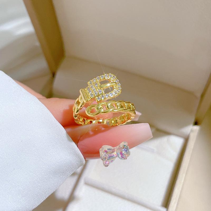Real Gold Chain Belt Full Diamond Ring Opening Adjustable Simple Jewelry Japanese Ring Couple Ring