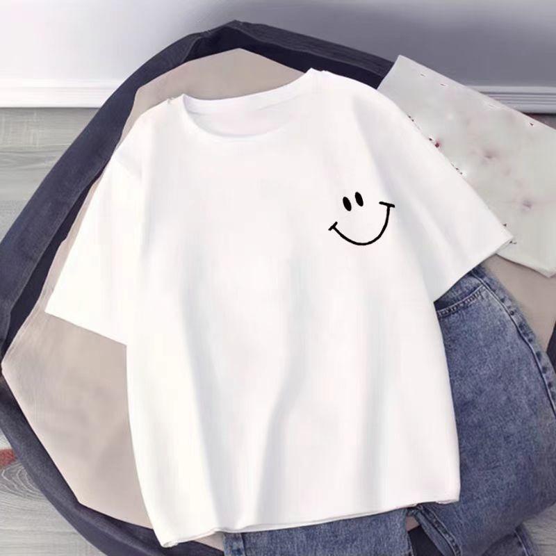Smiling Face Print White T-shirt Summer 2025 New 100% Cotton Short Sleeve Tee Loose Casual Y2k Top Clothing