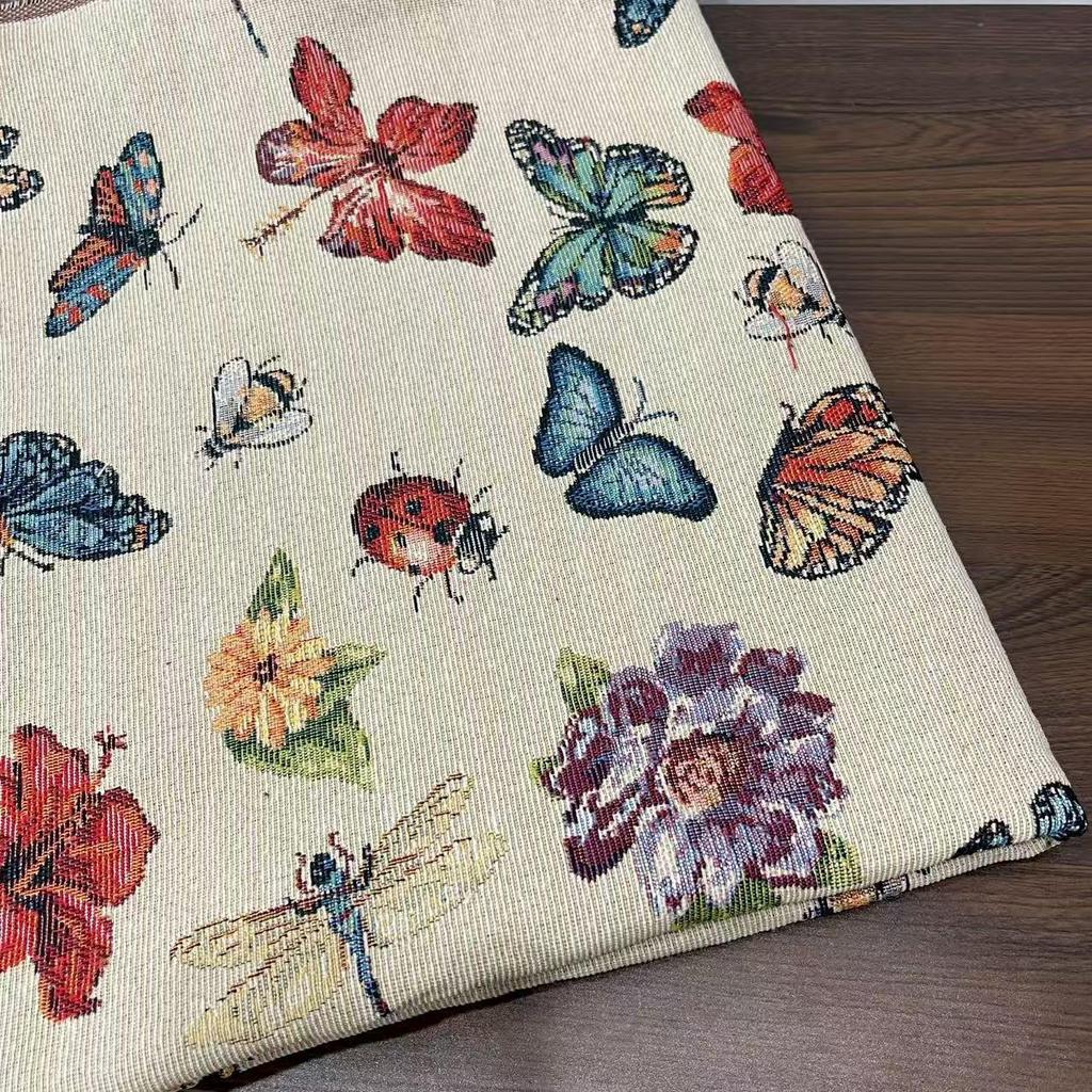 Pastoral Jacquard Color Weave Fabric: Insect & Butterfly Design for Clothing, Tablecloths, Bags, Handbags, and Sofas.