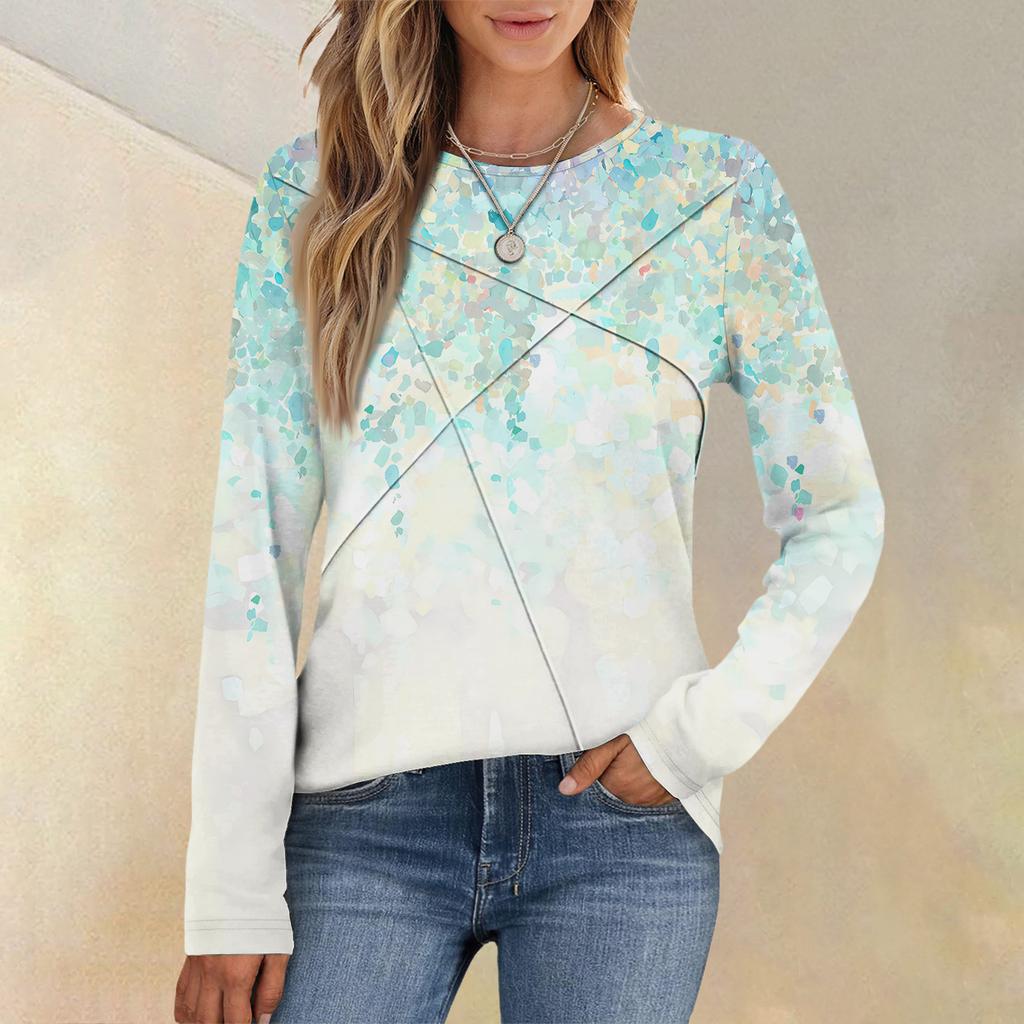 Fashion Women's Long Sleeve Round Neck Casual  Pleated Floral Print Loose Top