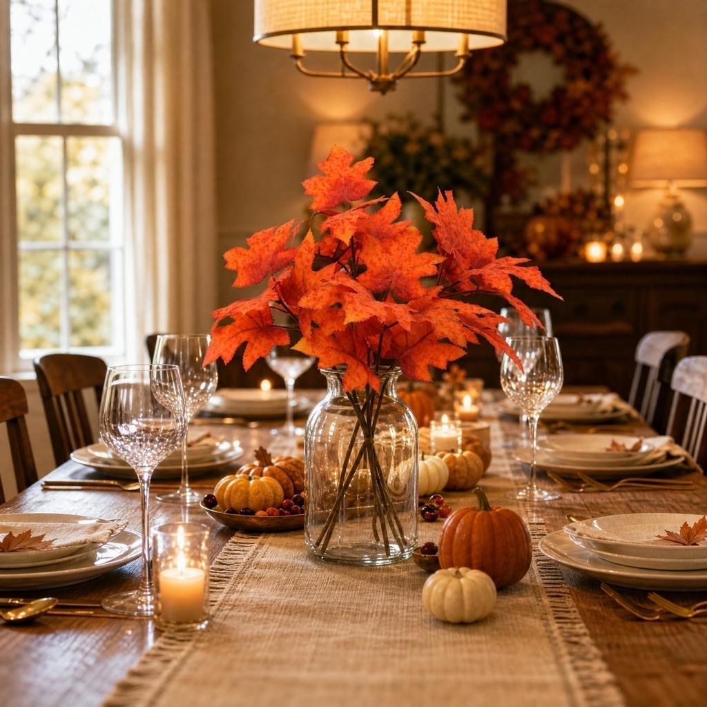 Artificial Maple Leaf Bundles for Thanksgiving Home Decor, Faux Fall Flowers Small Bouquets Centerpiece or Mantel