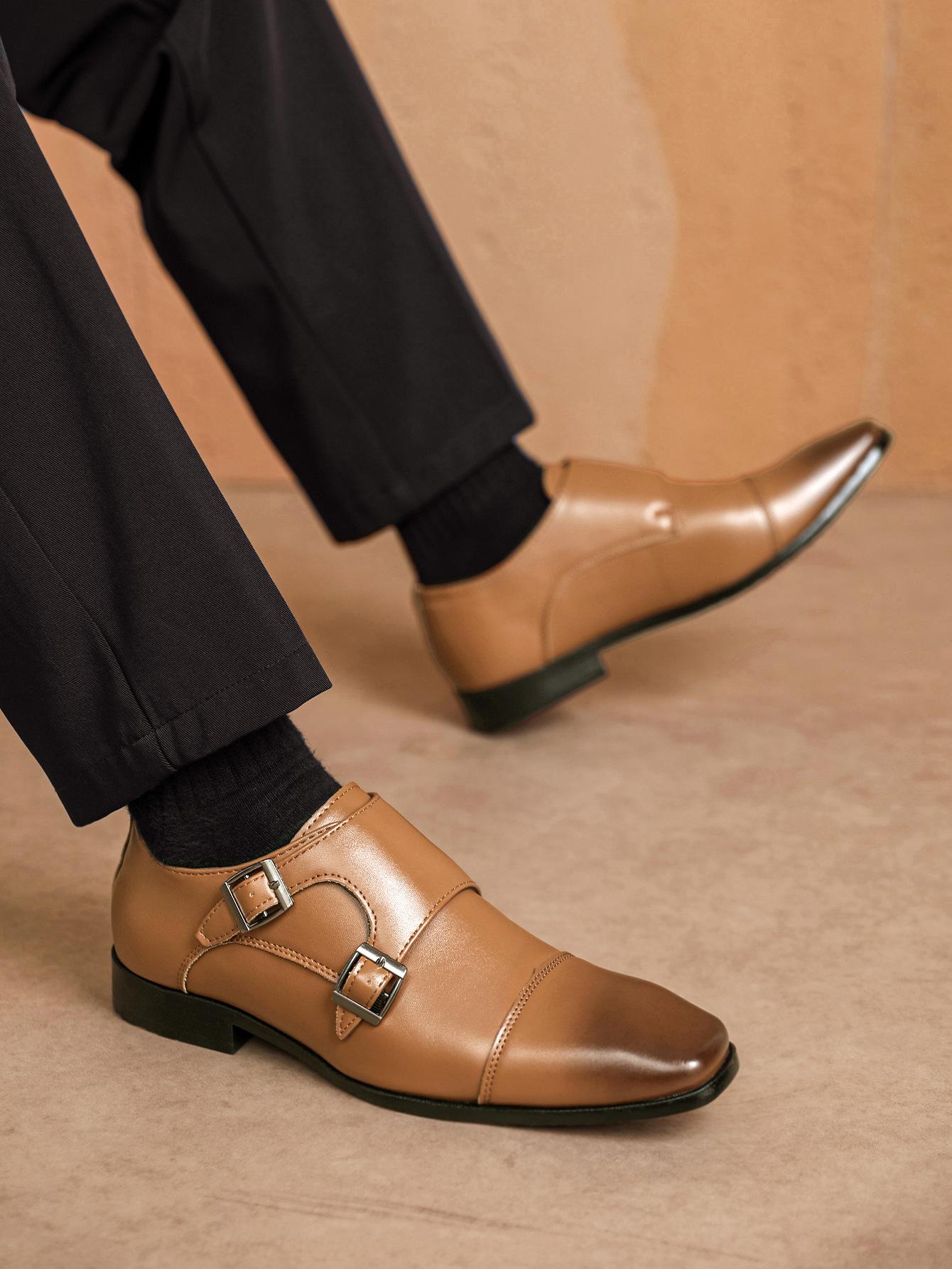 

HPIOPL4010 business leather shoes men s square head dress shoes casual shoes three joints munk buckle leather shoes men 39