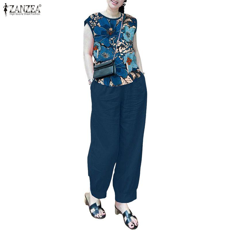 ZANZEA Dámské tiskové tílka a kalhoty, ležérní dvoudílné oblekové soupravy