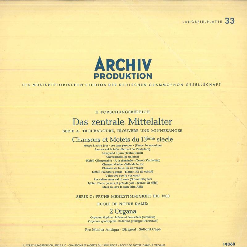 

LP Record SAFFORD CAPE PRO MUSICA ANTIQUA Chanson Et Motets Du 13 Eme Siecle 14068 ARCHIV 1963 Germany Classical Used