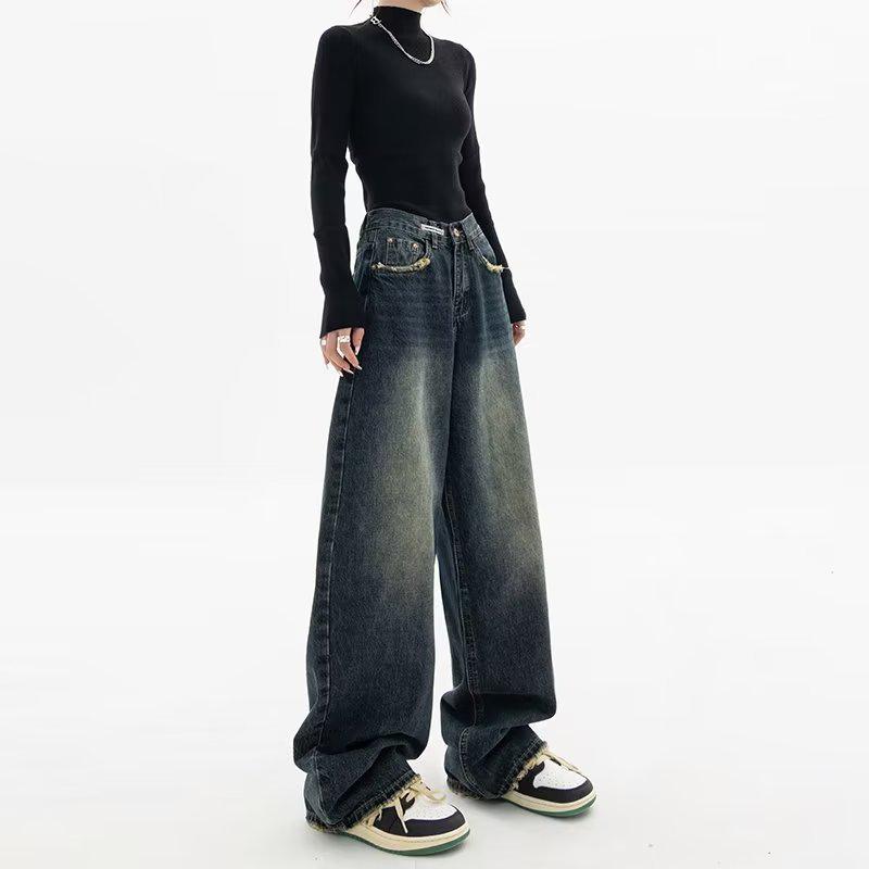 Women's High-Waist Retro Straight Jeans - Spring/Autumn 2025, Plus Size, Floor-Length, Wide Leg, Slimming Fit