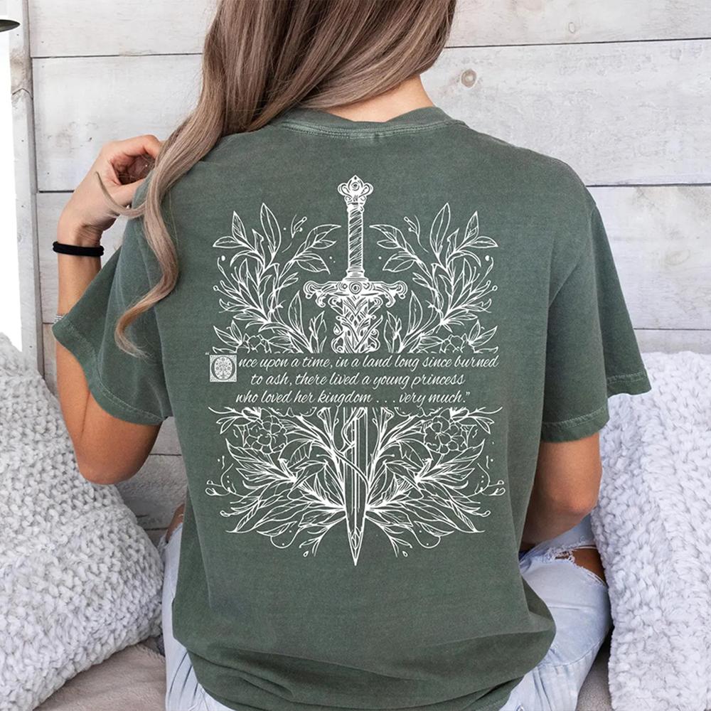 Camiseta Vintage Fireheart Book Club 2 Lados Conforto Estampa Trono de Vidro Manga Curta Diária Unissex Tee Tendência Casual Streetwear