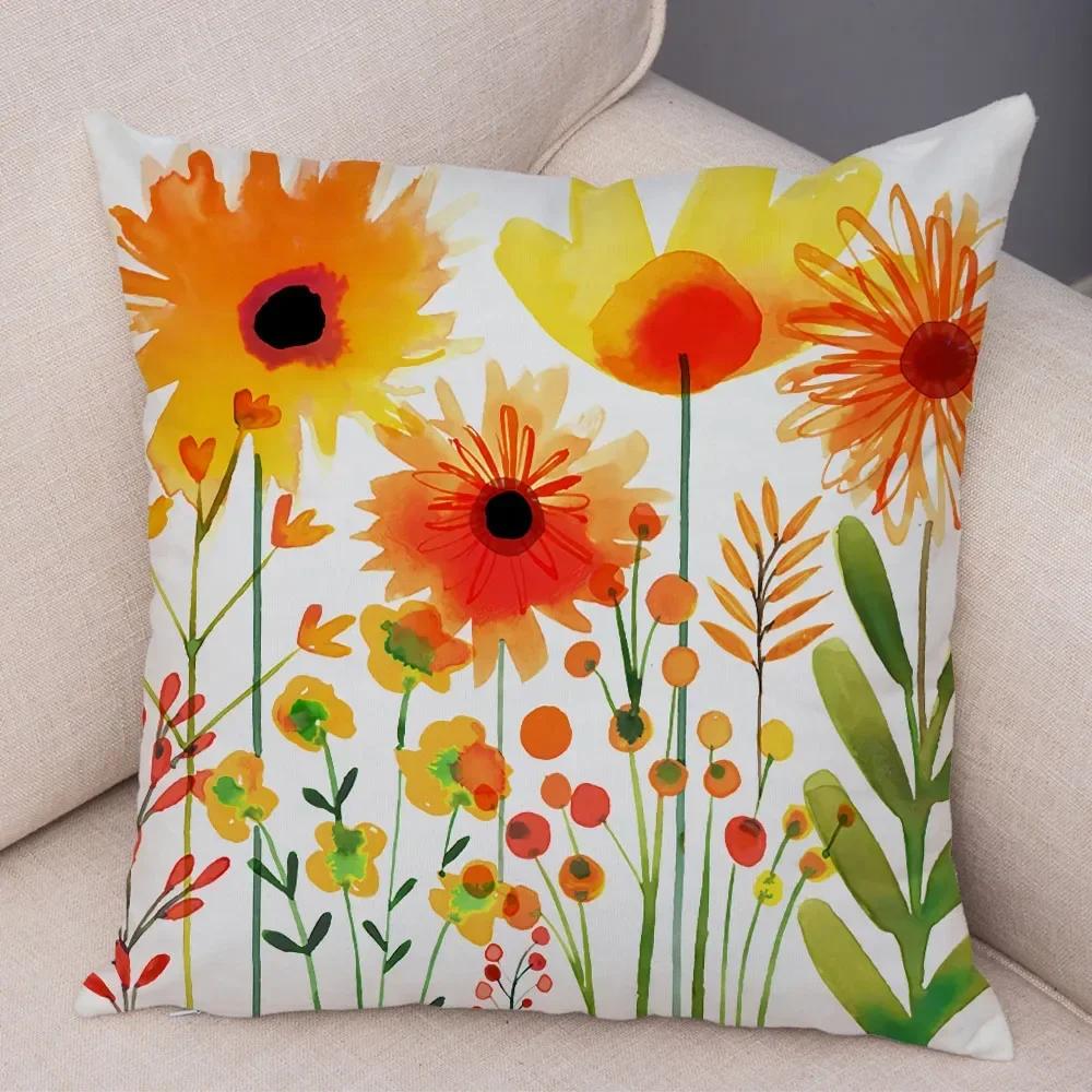 Watercolor Flower Leave Pillow Case Decor Colorful Plant Floal Cushion Cover for Sofa Home Car Soft Plush Pillowcase