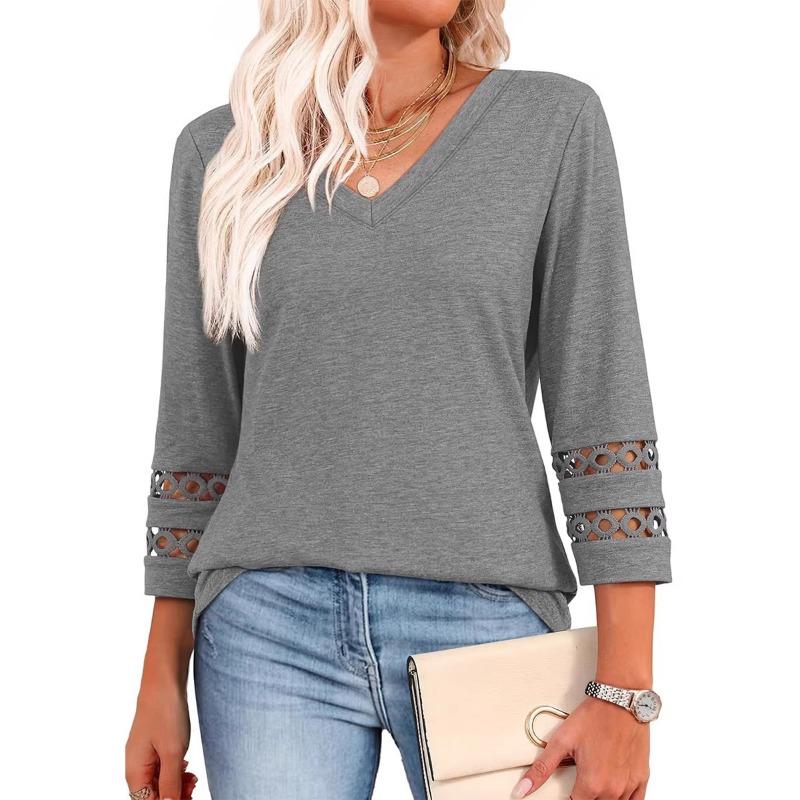New Fashionable Loose V-neck Three-quarter Sleeve Women's New Sweater Casual Hollow Top