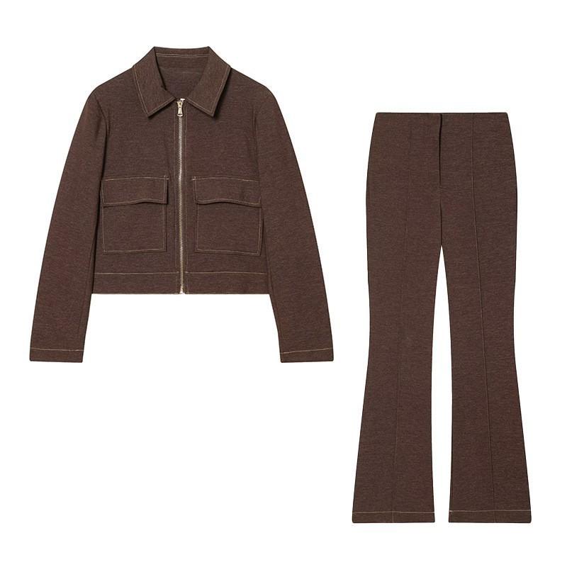 European and American style, wholesale women's clothing, fashionable and versatile temperament flip pocket short jacket + trousers set