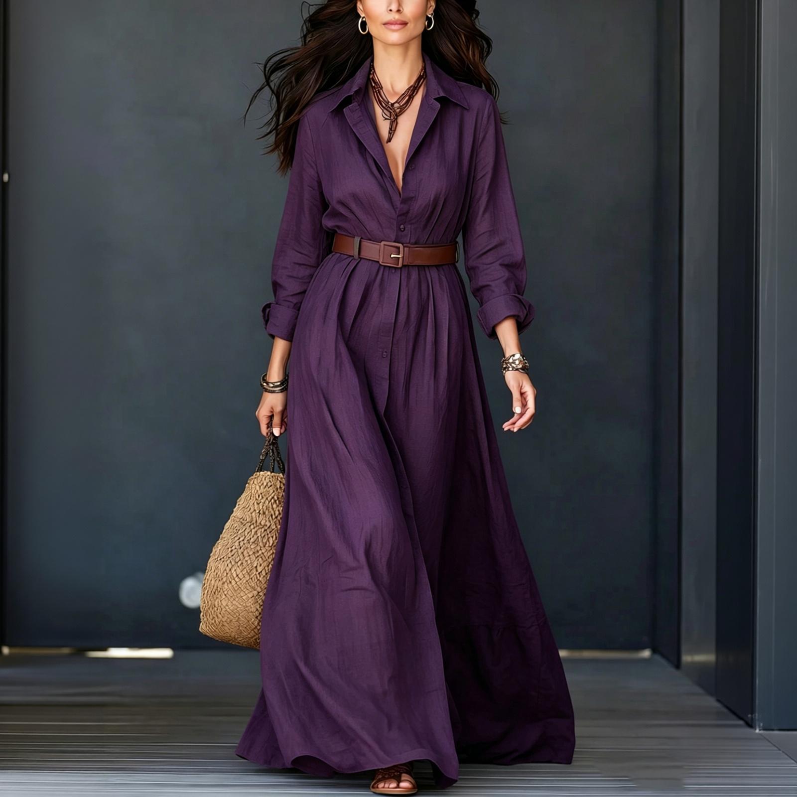 Damen Langarm Maxikleid mit Kragen Taillenbindegürtel Urlaubs bodenlanges Kleid Lässiges lockeres Hemdkleid XL violett
