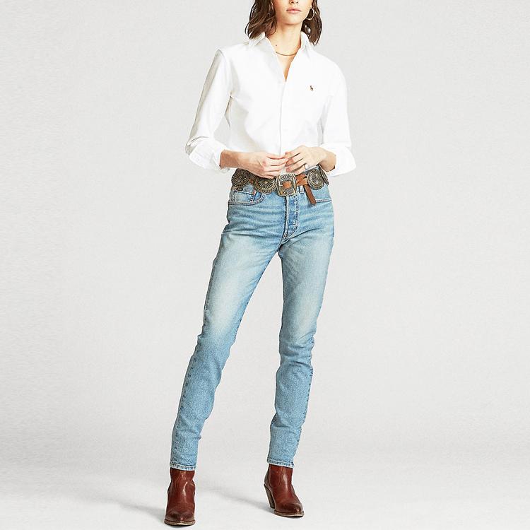 Polo Ralph Lauren Logo Solid Color Polo Shirt Long Sleeve Women Shirts White 211743355-001