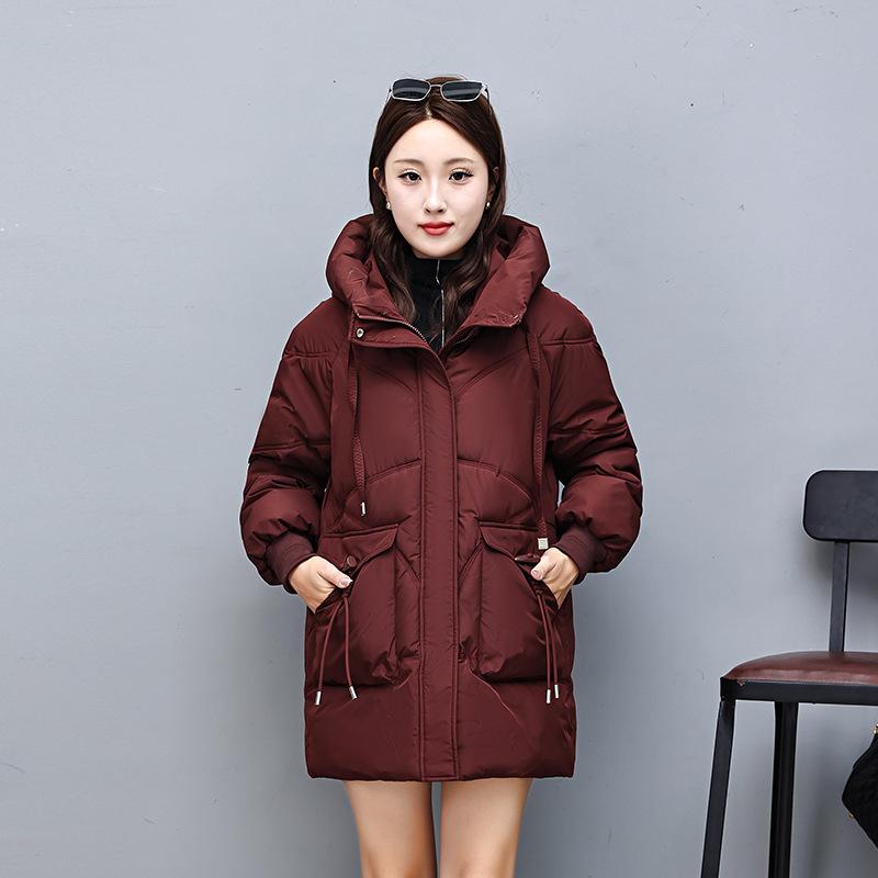 2025 new down cotton jacket mid-length thickened hooded padded jacket Korean version loose cotton jacket winter warm jacket for women