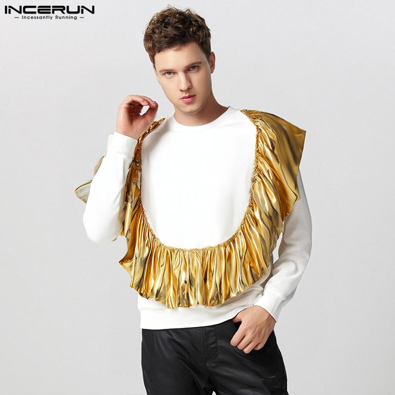 INCERUN Men Round Neck Long Sleeve Shiny Finish Ruffled Patchwork Loose T-shirts