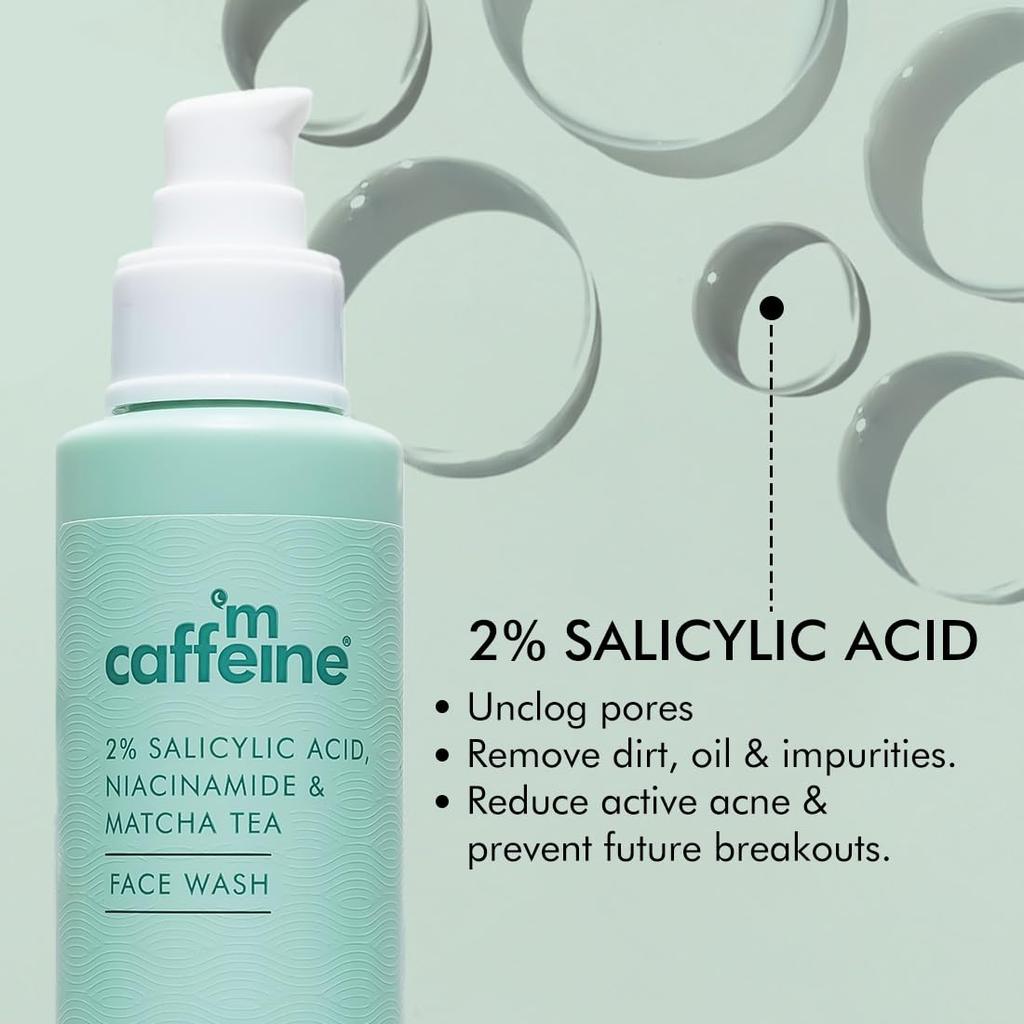 mCaffeine 2% Salicylic Acid Niacinamide Matcha Tea Face Wash 100 ml Pack of 1 For Acne Prone Skin