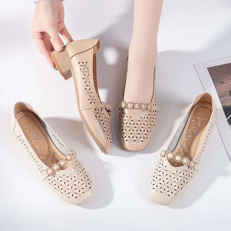 Hollow shallow mouth single shoes women's new spring and summer thick heel round head breathable hole shoes soft sole comfortable sandals