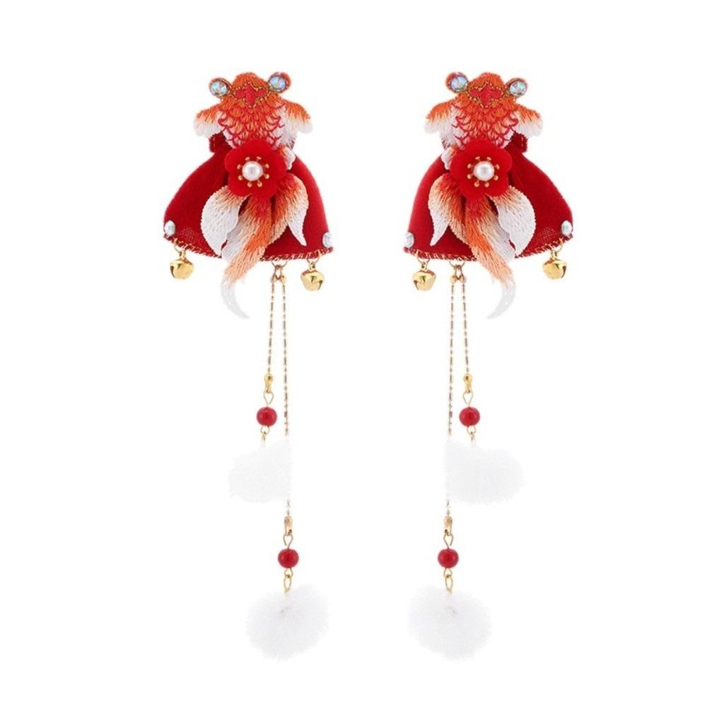 2pc Headwear Goldfish Hair Clip with Bell and Tassel Chinese New Year Festival New Year Barrettes Red Hair Clip Girls