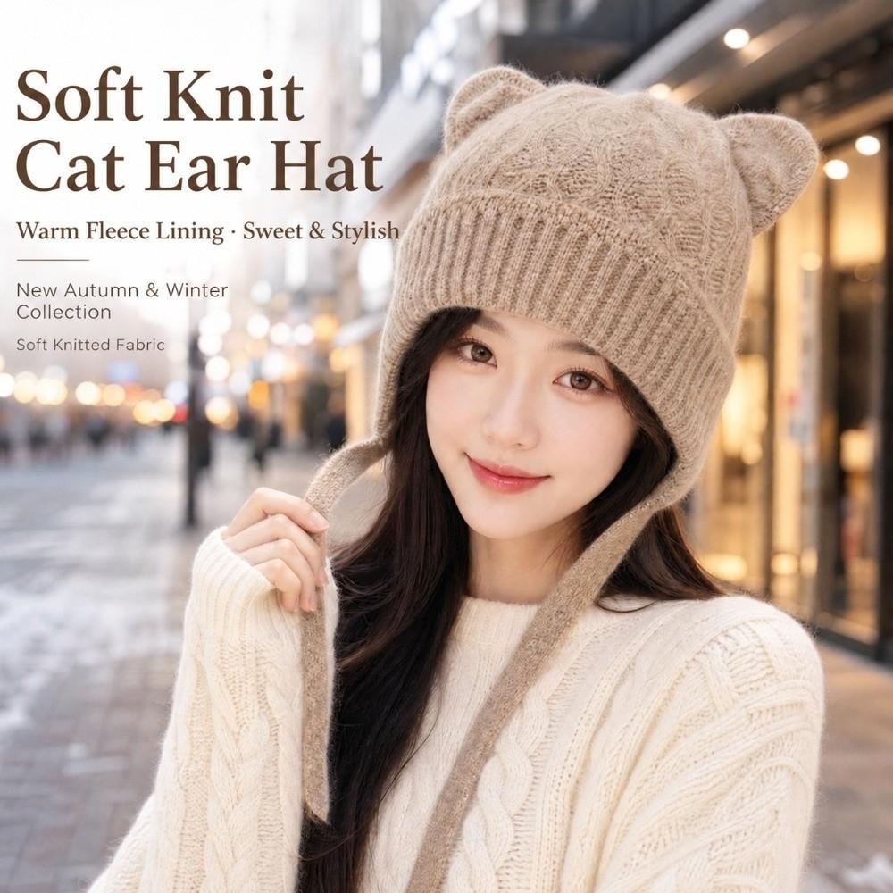 Warm Knitted Cat Ear Knit Hat Windproof Head Cover Korean Style Soft Beanie Winter Commuting