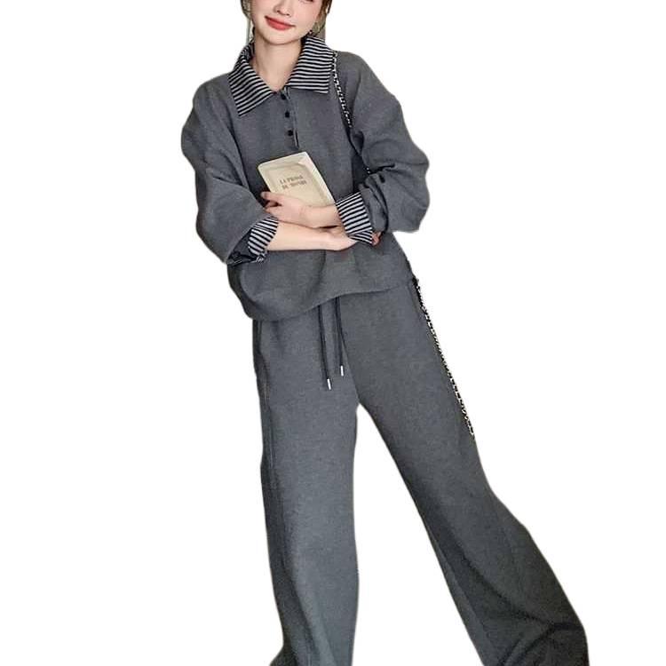 Early Autumn Slimming Two-Piece Set: Polo Collar Hoodie & Sweatpants - Cotton Casual Sport, Loose & Thin Fit