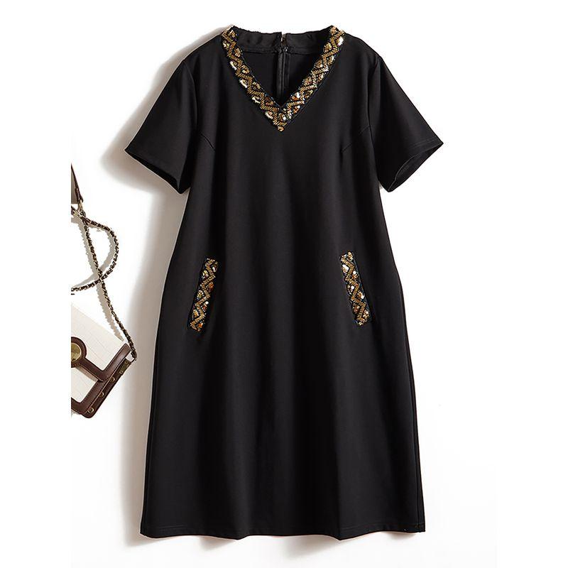 Thousands of Yuan on the Cabinet G Elegant Commuter Women Metal Sequins V-neck Portable Ponte De Roma Anti-Wrinkle Slimming Dress Amoi